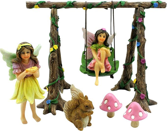PRETMANNS Fairies for Fairy Garden Outdoor Accessories - Figurines Set with Swing, Squirrel & Mushrooms - Miniature Fairy Garden Kit - Fairy Village Supplies - 6 Piece Resin Fairies | Fairies with Swing Set, Squirrel & Mushrooms, Fairy Figurines, Garde...