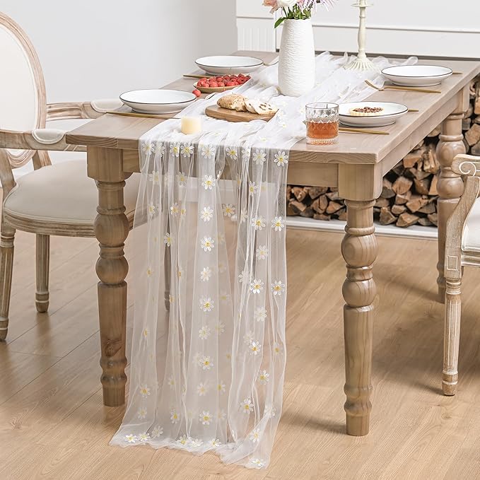 Horaldaily White Embroidery Daisy Spring Summer Gauze Tablecloth 60×120 Inch Rectangular, Seasonal Tulle Table Cover, Garden Party Decorations for Wedding, Party, Holiday Dining