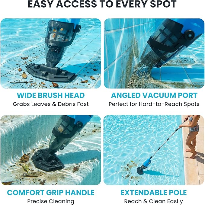 Handheld Pool Vacuum for Above Ground Pool, Cordless Pool Vacuum w/ 4-Section Pole, Pool Cleaner w/ 18 GPM & 90 Min, Ideal for Leaves Dirt Sand, Hot Tubs Spas Above Ground Pools Inground Pools, Blue