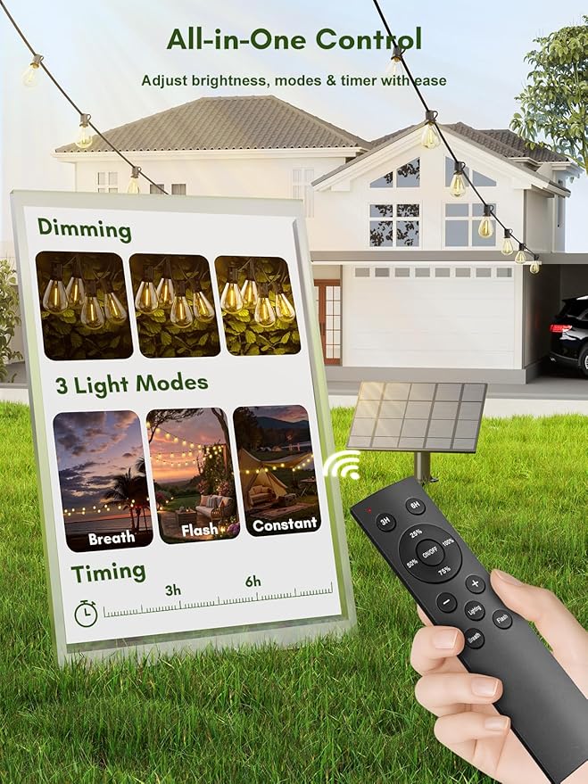50FT Solar String Lights Outdoor Waterproof, 18+1 LED Solar Powered Lights with Remote Control, 3 Light Modes & Dimmable, USB-C Charging for Patio, Backyard, Garden, Camping