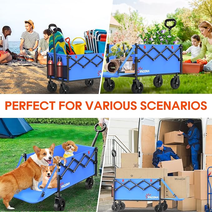Yozoia 360LBS Heavy-Duty Wagons Carts Foldable 120L Collapsible Wagon Cart with Wheels and Tailgate, Folding Utility Wagon Carts for Groceries, Outdoor Camping, Shopping, Beach, Garden