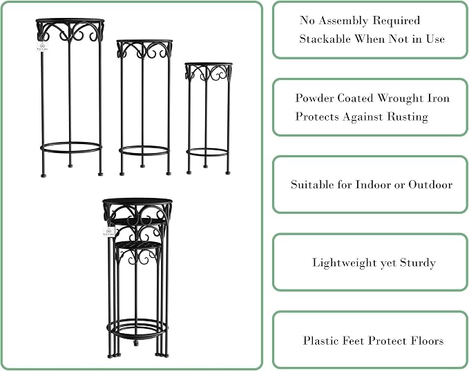 Pure Garden Plant Stand 3-Tier Vertical Shelf Indoor or Outdoor Folding Wrought Iron Home Garden Display with Laser Cut Shelves (Antique White)