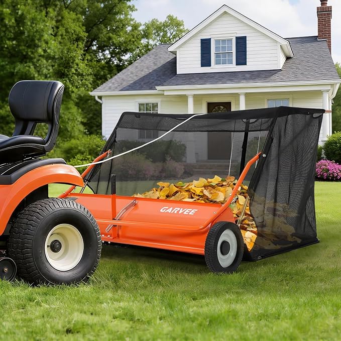 Garvee 52" Tow-Behind Lawn Sweeper – 27 cu.ft. Large-Capacity Pull-Behind Grass & Leaf Collector, Heavy-Duty Adjustable Height, Dumping Rope Design for Easy Debris Disposal, Fits Tractors & ATVs