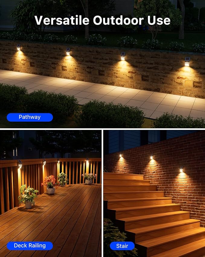 8 Pack Solar Stainless Steel Fence Lights Outdoor Waterproof Motion Sensor Wall Sconce for Backyard Post, Deck, Porch, Stair Rail, Dock, Gate, Walkway, Steps, Patio, Garden, Ambiance Warm Lighting