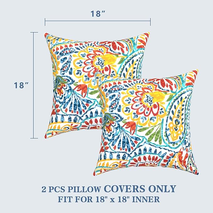 LVTXIII 2 Pack Outdoor Pillow Covers ONLY 18x18 Inch, Water-Repellent Square Decorative Cushion Covers for Patio Furniture, Garden, Sofa, Paisley Multi