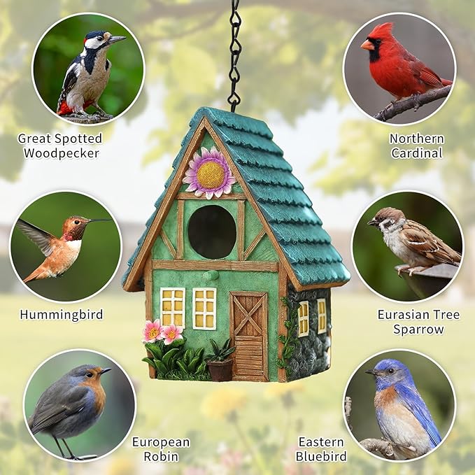 Bird Houses for Outside Cottage-Style Hanging Birdhouse with Flower Accents – Hand-Painted Resin Decorative Birdhouses for Outdoors for Bluebird Finches Cardinals Bird Nesting Garden, Patio, Yard