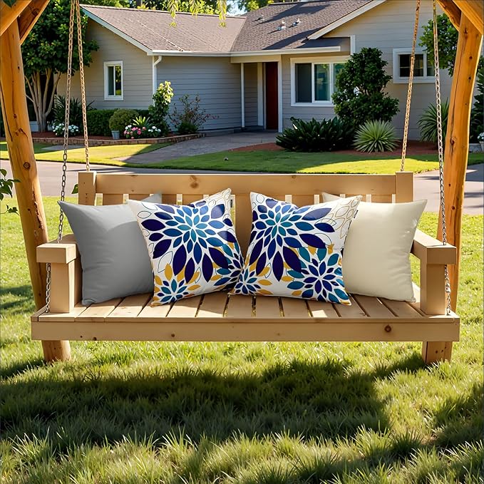 Floral Outdoor Pillow Covers Waterproof Spring Throw Pillow Cases Blue Yellow 18x18 Inch Set of 2 Decorative Summer Cushion Covers for Patio Furniture Garden Bench Porch Sofa
