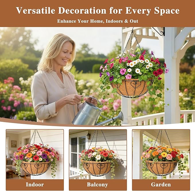 4 Pack Hanging Planter for Outdoor Plants 14 inch Metal Hanging Flower Basket with Coco Coir Liner Round Wire Plant Holder Chain Flower Pots Outdoor Garden Decoration Watering Hanging Baskets（AX）