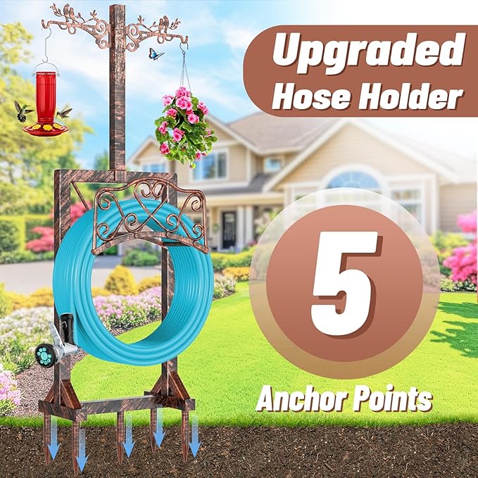 Garden Hose Holder with Shepherds Hooks,Detachable Water Hose Holder Holds 150 FT Hoses Freestanding Hose Reel with 5 Spikes Hoses Hanger Storage Stand for Outside Yard Lawn (Antique Bronze)