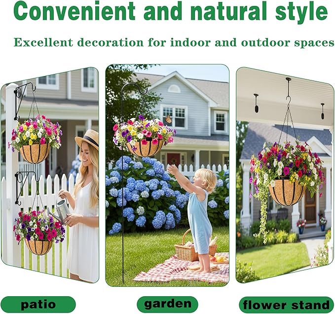 4 Pack 14 Inch Hanging Planters for Outdoor Plants Metal Hanging Planter Basket with Coco Coir Liner Round Plant Black Flat Iron Metal Flower Pots for Deck Patio Porch Garden Balcony