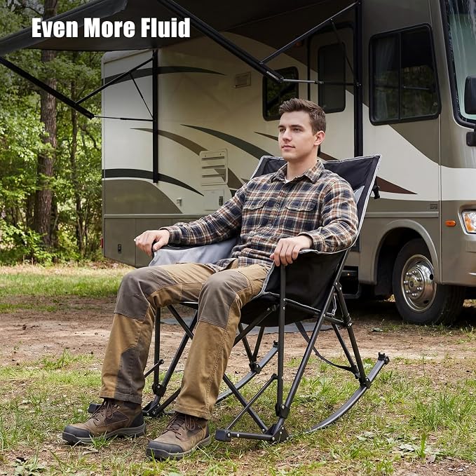 SUNNYFEEL Oversized Folding Rocking Camping Chair Fully Padded Patio Chair Black Portable Outdoor Rocker High Back Portable Lawn Recliner with Side Pocket Camp Rocker Chairs Heavy Duty 500 LBS