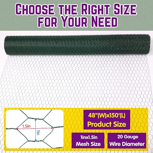 48in×150ft Chicken Wire Roll Hexagonal Netting Galvanized PVC Coated 1in Mesh Garden Poultry Fencing Barrier Animal Plants Hardware Cloth Crafts for/Rabbit/Floral/Chicken Coop/DIY Projects