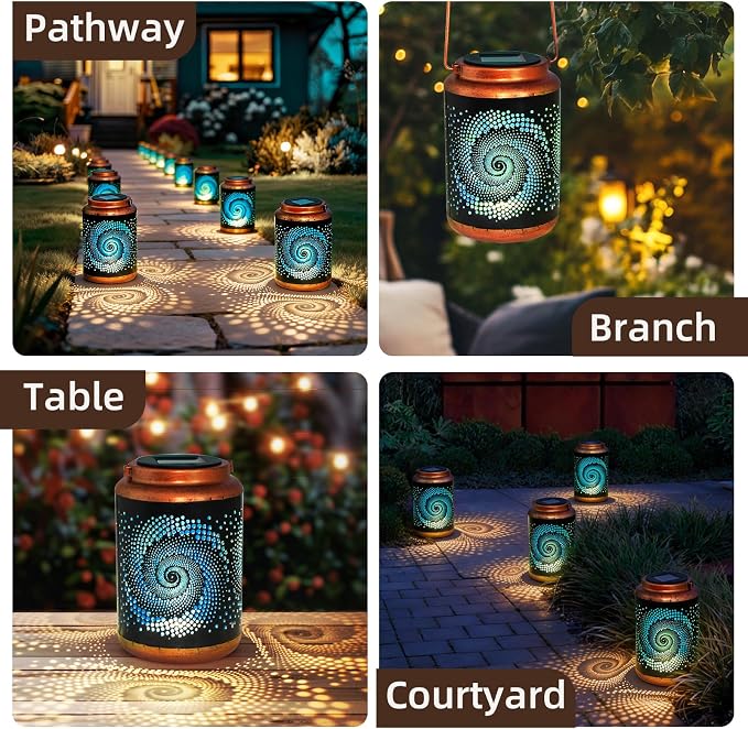 DIBIEECN Birthday Gifts for Women Mom Grandma Wife, Solar Lanterns Outdoor Waterproof, Metal Hanging Lights Garden Decor, LED Decorative Lantern for Patio Porch Backyard, Blue, 4 Pack