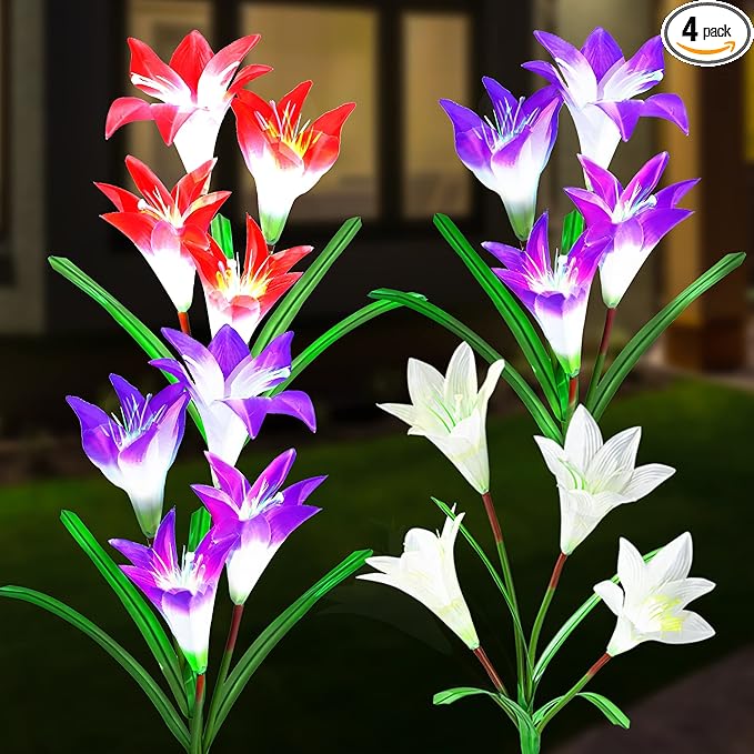 GIGALUMI Solar Outdoor Flower Lights, 4 Pack Waterproof Solar Garden Light, Color-Changing Outdoor Light, Solar Lily Flower, Unique Gifts for Dear Mother(2 Purple, 1 Red, 1 White)