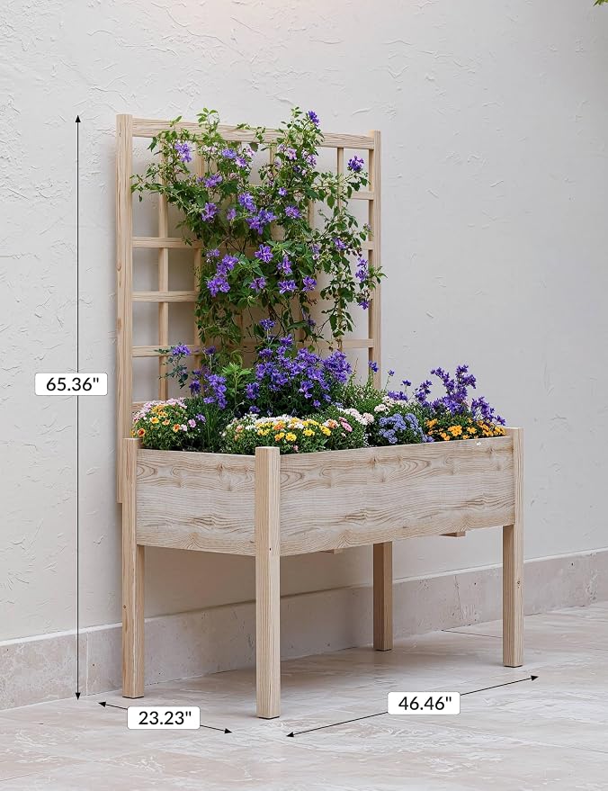 65" Elevated Wooden Raised Garden Bed Planter Box with Trellis, Stand & Waterproof Liner - Large Outdoor Grow Box for Vegetables, Herbs, Flowers on Patio, Balcony, Backyard