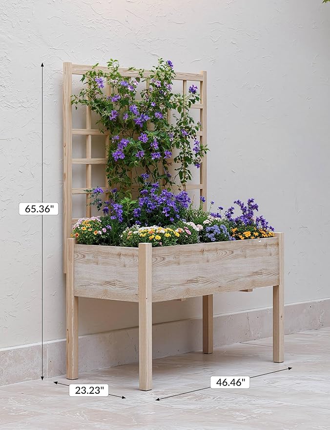 Wood Raised Garden Bed with Trellis, 47x23x63in Elevated Planter Box with Legs for Climbing Plants Vegetables, Solid Fir Deep Planter, 386lb Capacity for Outdoor Backyard Patio