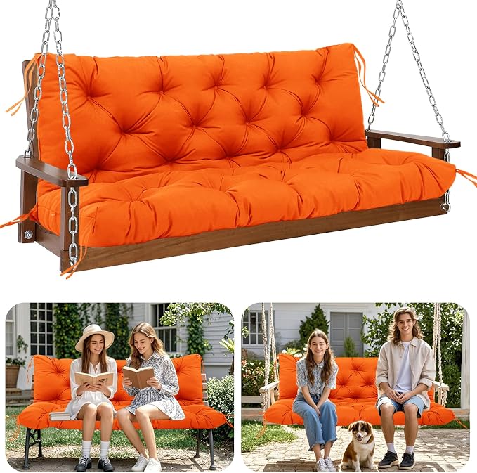 Premium 5" Thick Waterproof Porch Swing Cushions Sturdy Durable 3 Seat Replacement Outdoor Swing Cushions with Backrest&Ties Bench Cushion for Outdoor Furniture Backyard Patio Garden (Orange)