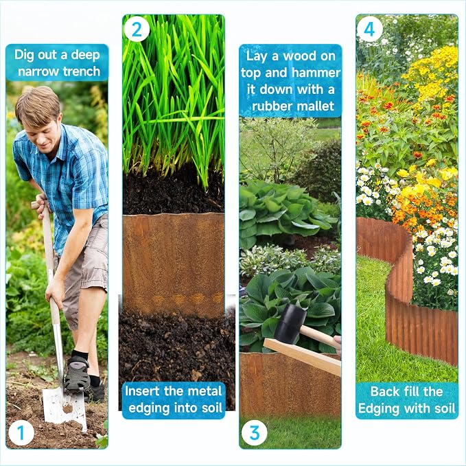 MTART Metal Garden Edging for Landscaping, Sturdy Corrugated Edging Border for DIY Flower Bed, Lawn and Landscape Edging (Rusty, 6"×20Ft)