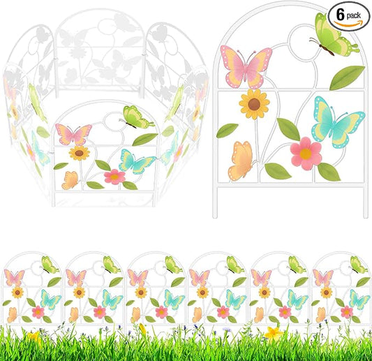 Yaocom 6 Pack Pastel Butterfly Decorative Garden Fence 16.5''h x 11.8''w Animal Barrier Border Butterfly Flower Design Metal Arch Fence Panel for Spring Outdoor Patio Yard Landscape Decoration