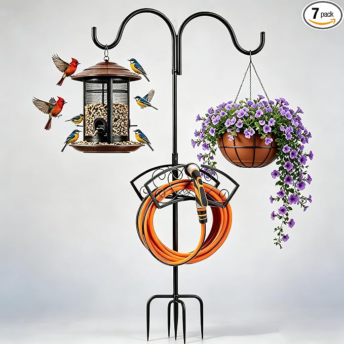 78" Heavy Duty Freestanding Garden Hose Holder, Supports 30lb & 150ft Water Hose Stand with Hose Reel, 5 Ground Spikes & 2 Shepherd Hooks, for Hose Storage, Hanging Bird Feeders, Planters