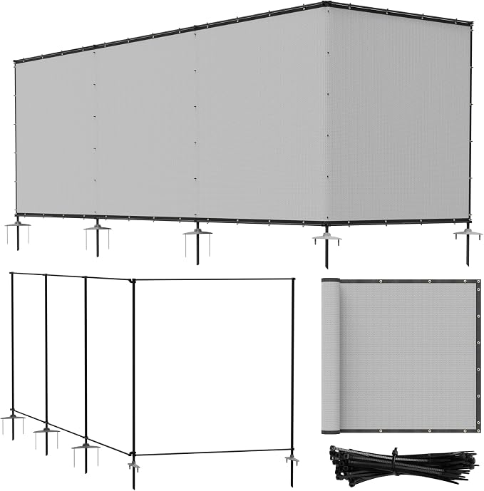 Bynbbur 6'x116' Outdoor Privacy Screen Freestanding with Iron Poles and Stakes, Temporary Dog Fencing, Backyard Divider, Metal Garden Fence for Pool Patio Barrier Border, Gray