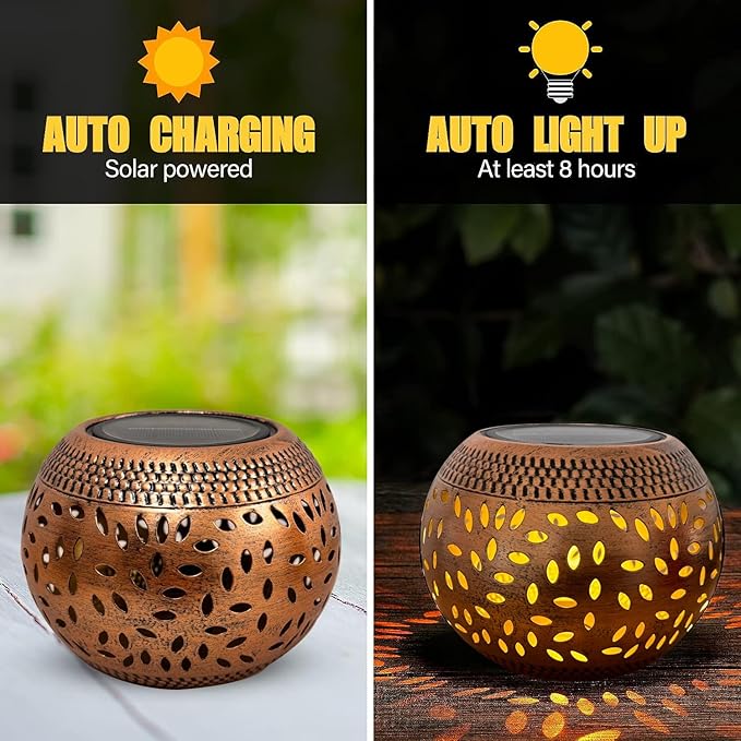 Solar Table Lanterns Outdoor Waterproof - 1 Pack LED Lamp Copper Metal Tabletop Light Solar Powered Decorative Lantern for Indoor Desk Bedroom Patio Garden Pathway Yard