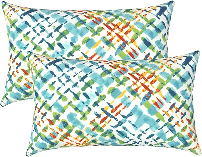 LVTXIII Outdoor/Indoor Lumbar Pillows, Decorative Patio Lumbar Cushions, Fluffy Water Repellent Garden Cushions for Home Patio Coach Sofa Use, 12×20 Inch, Pack of 2, Acapa Opal Geometric