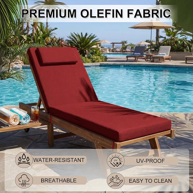 Outdoor Chaise Lounge Cushions, 72x21 Inch Olefin Water & Fade Resistant Pool Lounge Chair Cushions, Patio Sun Lounger Pad with Pillow & Straps for Patio, Pool, Deck, Lawn, Wine Red