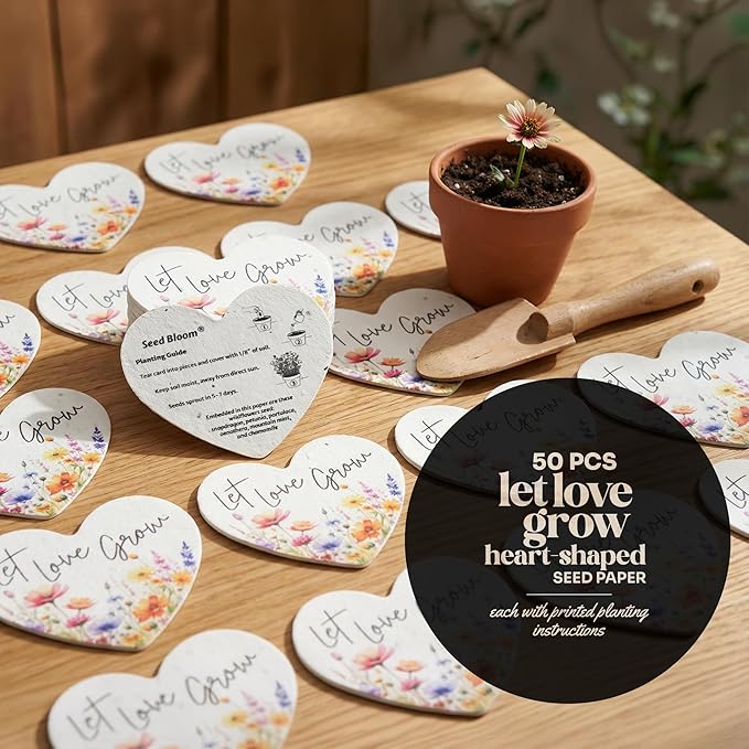 50pcs Large Love Heart Seed Paper – Writable & Plantable Wildflower, Mom's Gift for Mother’s Day, Use for Wedding, Baby Shower, Heart Party Favors & Easter Decorations