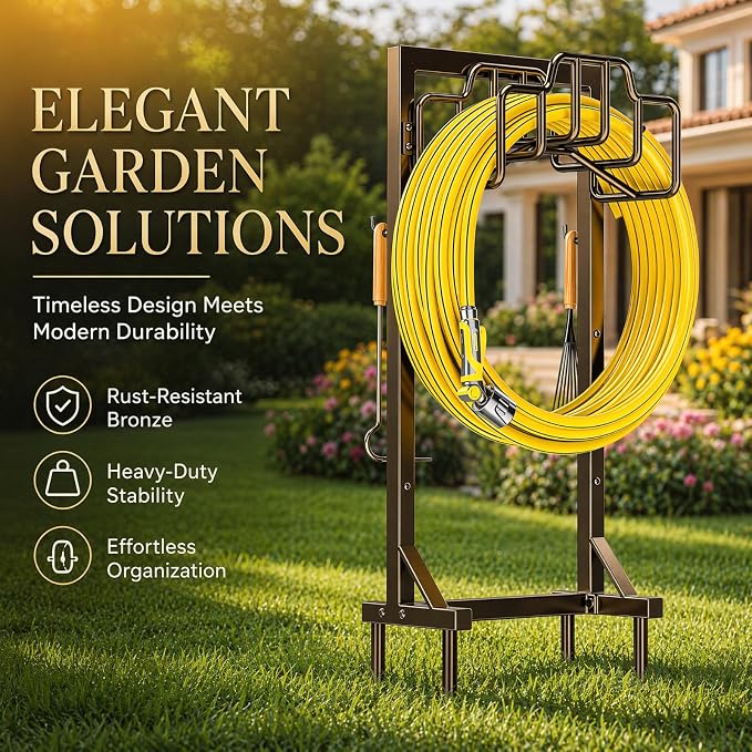 Skycarper Garden Hose Reel Holder Detachable Metal Water Hose Hanger Organizer Heavy Duty Free Standing Hose Stand,Bronze