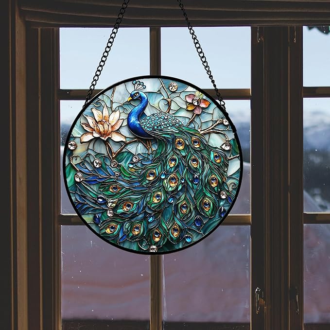 DASTOLL Stained Glass Window Hanging, Blue Peacock Decoration Suncatcher for Door Garden Home Flower Bird Sun Catchers Christmas Mother's Day Birthday Gifts for Women Men Mom Nana Friend 14.9 in