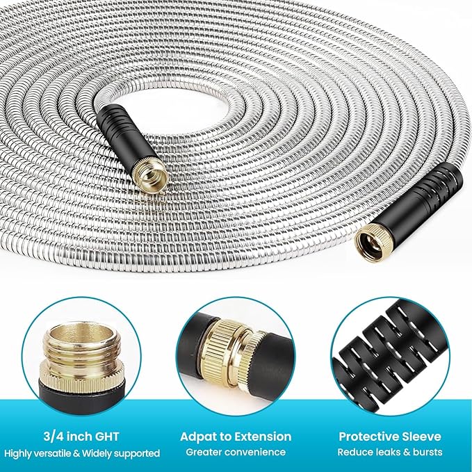 LINODI Metal Garden Hose, 100ft Stainless Steel Garden Hose – 3/4" GHT Solid Brass Connectors – Heavy Duty Flexible Metal Water Hose with 10-Way Spray Nozzle – Kink-Free Watering Kit