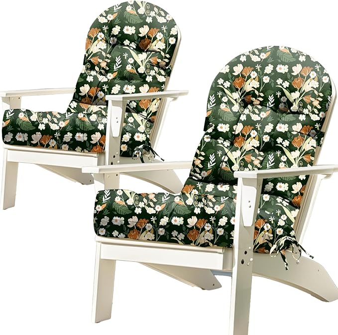 2Pcs Adirondack Chair Cushion Waterproof Indoor Outdoor Rocking Chair Cushion 44 Inches Patio High Back Chair Cushions Thickened Adirondack Rocking Chair Cushions with Ties, Black Peony