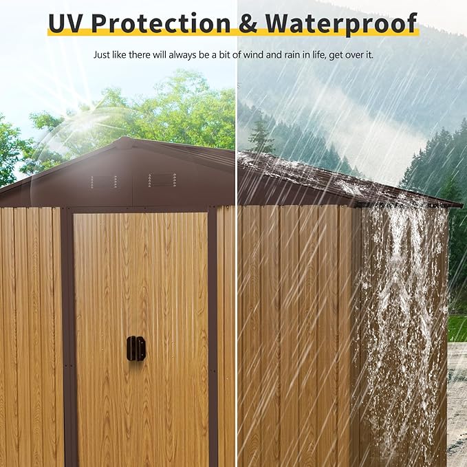 8x4 FT Outdoor Metal Storage Shed, Galvanized Steel Garden Shed with Window, Lockable Sliding Door, Sloped Roof, Ventilated Tool Storage House with Foundation Kit for Backyard Lawn Equipment, Coffee