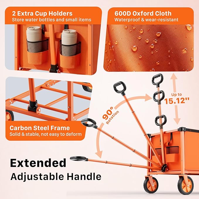 Collapsible Wagon Cart with Wheels, 150L Lightweight Foldable Utility Cart, Portable Rolling Wagon for Garden, Shopping, Sports, Camping, Transport, Tangerine
