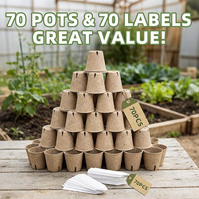 CLEANGOR 70Pcs Biodegradable 4” Peat Pots with 70Pcs Plant Labels, Biodegradable Seed Starter Pots with Drainage Holes, Nursery Pots for Seedlings, Herbs, Vegetables, Flowers, Gardening Kit