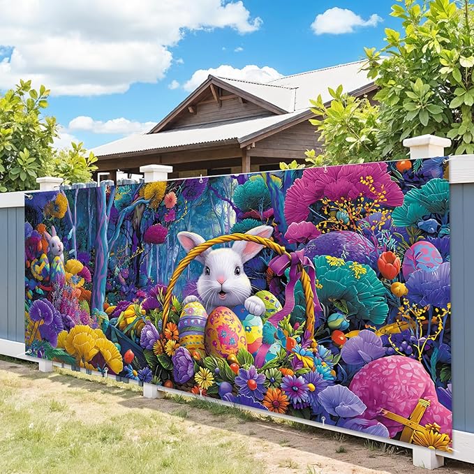 7 * 16FT Summer Garage Door Cover Decorations Sunset Palm Trees Garage Door Banner for Outdoor Indoor Summer Party Photography Backdrop (easter bunny, 7 * 16 ft)
