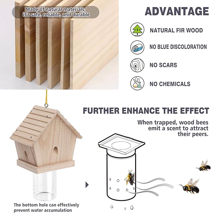 GRTRE 1 Pack Wood Carpenter Bee Trap for Outside - Best Bee Trap - Wood Boring Bee Trap- Nature Chalet Style Carpenter Bee Traps Outdoor Hanging - Insect Traps Removes Carpenter bee