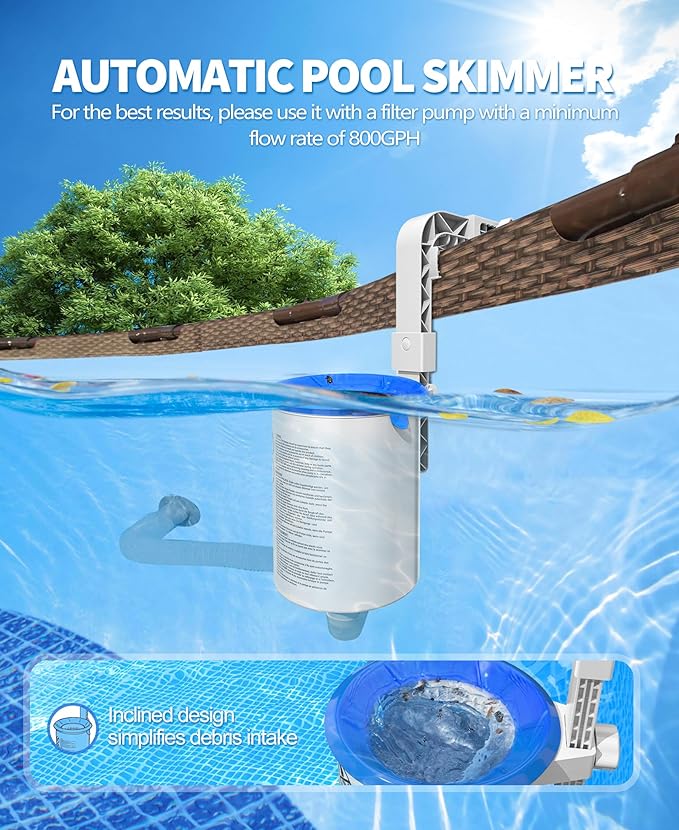 DeeprClean Upgrade Above Ground Pool Skimmer Comes with 3 Socks, Anti-tilt Wall Mount Surface Skimmer, Removable Skimmer Basket, Adjustable Height Bracket, Auto Skimming Pool Surface Leaves - White