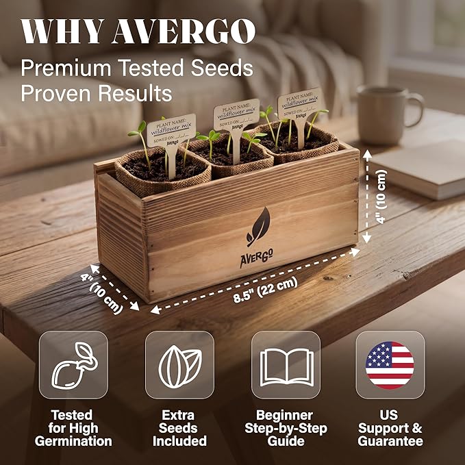 AVERGO Wildflower Seed Mix Growing Kit - Includes Perennial & Annual Wild Flowers, Burlap Planters, Soil, Wooden Box, and Gardening Tools for Indoor Garden and Patio Planting