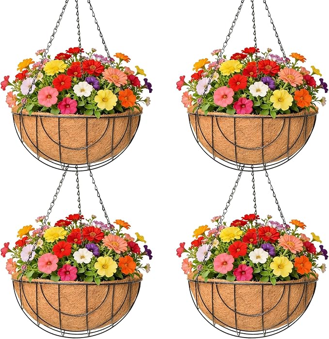 4 Pack 14 Inch Metal Hanging Planter Basket，Natural Round Coconut Hanging Plant Flower Pot，Coconut Coir Planter for Hanging Basket Flowers/Vegetables Home Garden Patio Decoration Earth