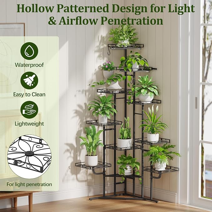 Quikraen Plant Stand Indoor with 2-Head Grow Lights, 58" Tall Lighted Corner Plant Shelf for Indoor Growing, 10-Tier Multiple Metal Large Flower Holder, Plant Rack for Home Decor, Patio (Black)