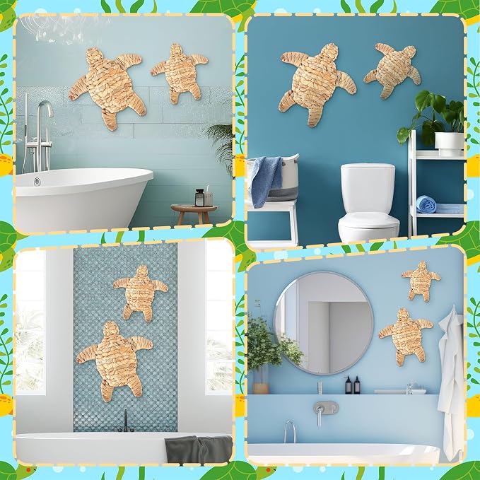 Threehoney 2 Pcs Sea Turtle Beach Theme Decor 2 Size Handmade Wicker Turtle Wall Decor Sea Life Hanging Wall Art Coastal Nautical Sculpture Table Decoration for Boho Bathroom Indoor Outdoor Ornament