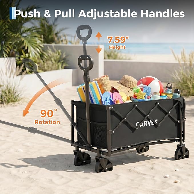 Collapsible Wagon Cart Max 220lb Load & Expandable Storage 120L, Double Bearing Design for Flexible Steering, Foldable Heavy Duty Garden Cart with 2 Cup Holders for Groceries, Garden & Camping