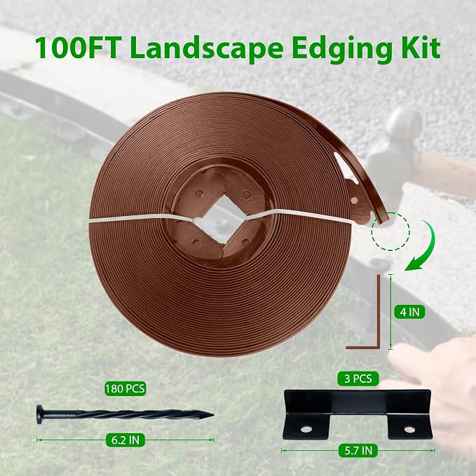 Landscape Edging Border 100 FT 4 Inch Tall with 180 Spikes, Plastic Edging for Landscaping, Garden Edging Border, Flower Bed, Paver and Lawn Edging Border, Brown