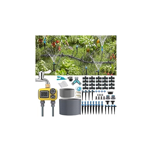150FT Drip Irrigation System Kit with 2 Zone Water Timer for Garden,High-Flow Mainline Automatic Watering System,16PCS Adjustable Nozzles,Fast-Plug Tube for Agricultural Yard,Lawn,Greenhouse