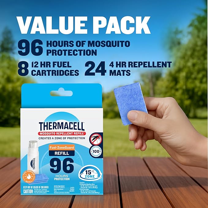 Thermacell Mosquito & Multi-Insect Repellent 96-Hour Refill; Includes 8 Fuel Cartridges, 24 Repellent Mats; Compatible W/Fuel-Powered Thermacell Repellers; Repels Mosquitoes, Noseeums & Black Flies