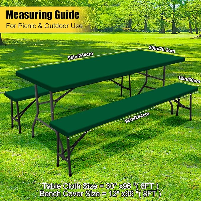 Smiry Picnic Table Cover with Bench Covers, Waterproof Elastic Fitted Polyester Tablecloths for 8 Ft Rectangle Tables, Washable Windproof Tablecloth for Outdoor, Camping (Emerald Green, 30x96 Inches)