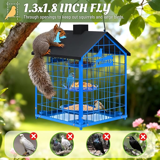 Bird Feeders for Outdoors, Metal Bluebirds Bird Feeder, Huge Caged Squirrel-Proof Bird Feeders with 4 Cups, DIY Wild Bird Feeders Outdoor Hanging, Attract Small Birds, 3 Layer Seed Tray (Blue)