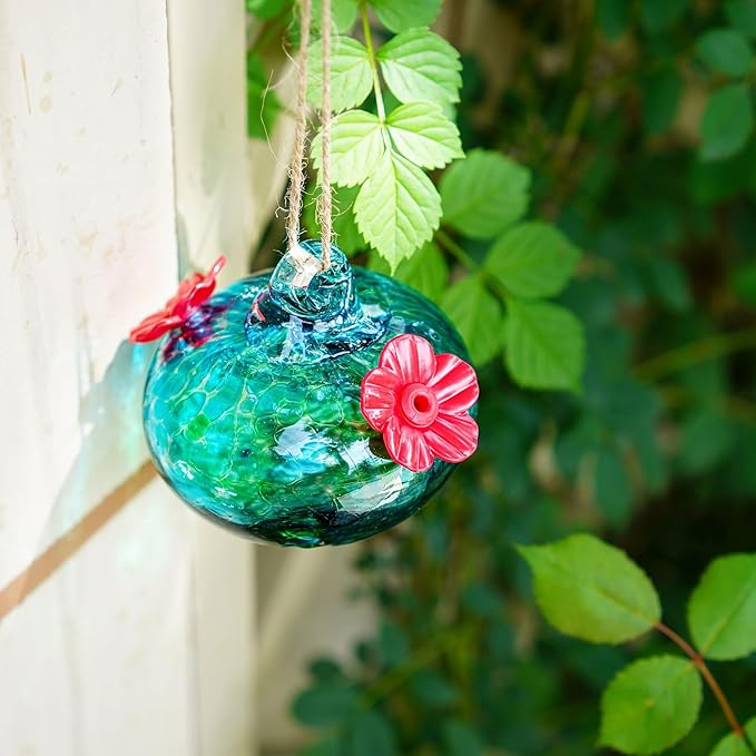 2pcs Small Glass Hummingbird Feeders for Outdoors Humming Bird Feeder with 2 Flower Feeding Ports for Window Garden Patio Decor Blown Glass Hummingbird Feeder for Outside Never Leak
